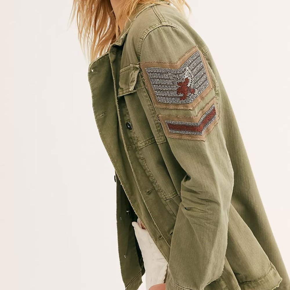 Free People Embellished Military Shirt Jacket Size S